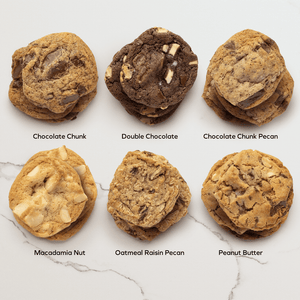 Cookies assortment in various flavors of double chocolate, chocolate chunk, peanut butter, and more.