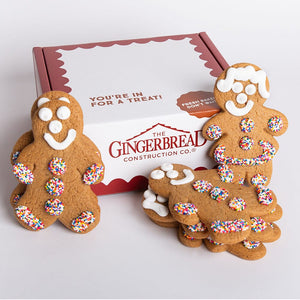 Delectable gingerbread cookie 6-pack gift box with individually wrapped gingerbread girls, and three individually wrapped boys.