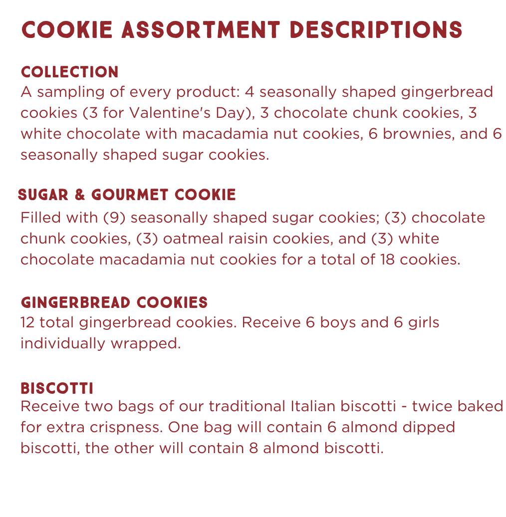 Cookies assortment detail descriptions from collection, sugar and gourmet cookie, to gingerbread cookies, and biscotti.