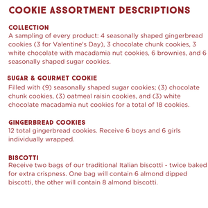 Cookies assortment detail descriptions from collection, sugar and gourmet cookie, to gingerbread cookies, and biscotti.