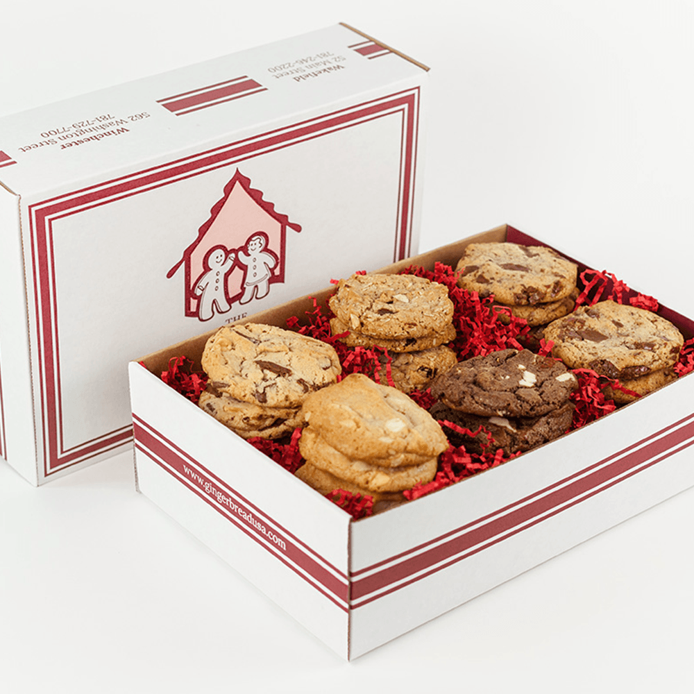 Gourmet cookie gift box of one and a half dozen (18) cookies of different flavors and textures.