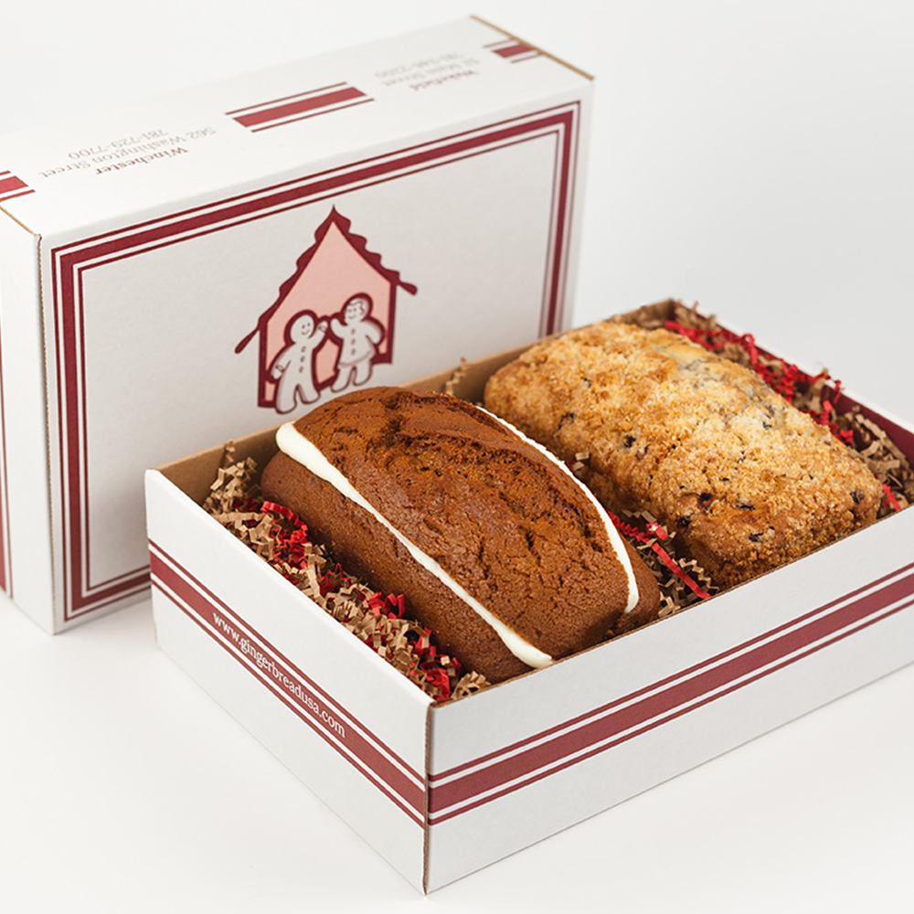 Gift box containing 2-muffin loaf pack with unique flavors (customizable).